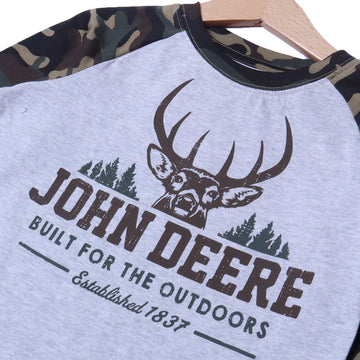 HAZEL GREY WITH CAMOUFLAGE SLEEVES DEERE PRINTED FULL SLEEVES T-SHIRT